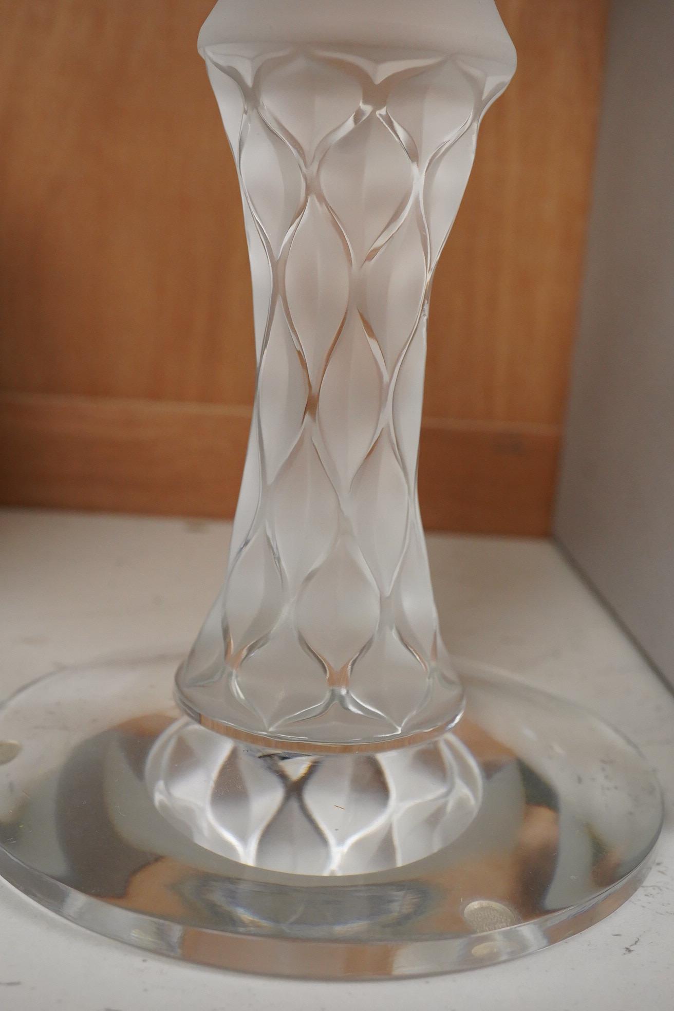 A modern Lalique glass candlestick, signed to the base, with original box, 20cm high